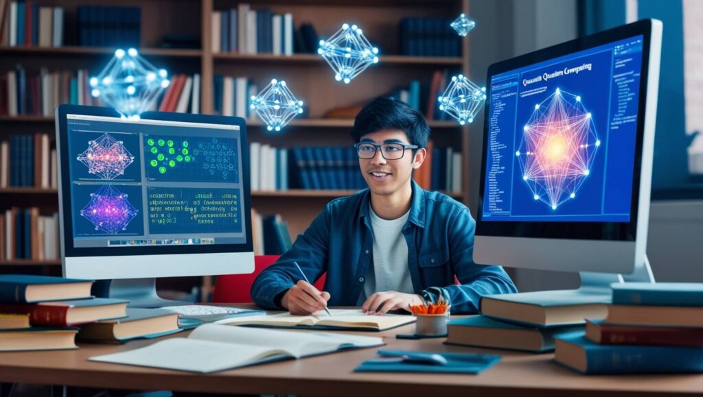 Cena de um estudante chamado Lucas trabalhando em pesquisa de computação quântica, com livros, uma tela de computador mostrando algoritmos e modelos de qubits flutuando no ar.