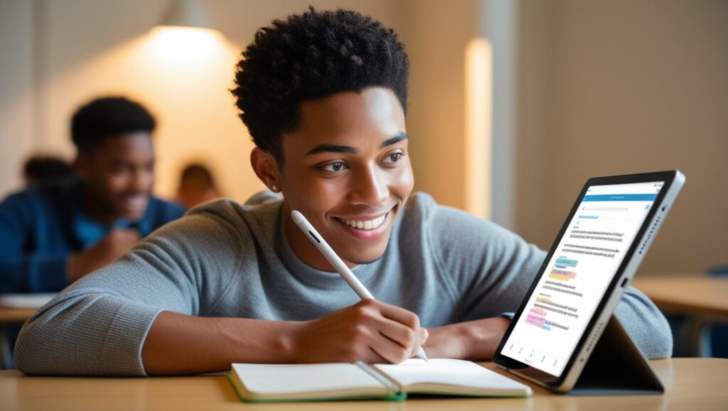 Estudante fazendo anotações em tablet com caneta digital.