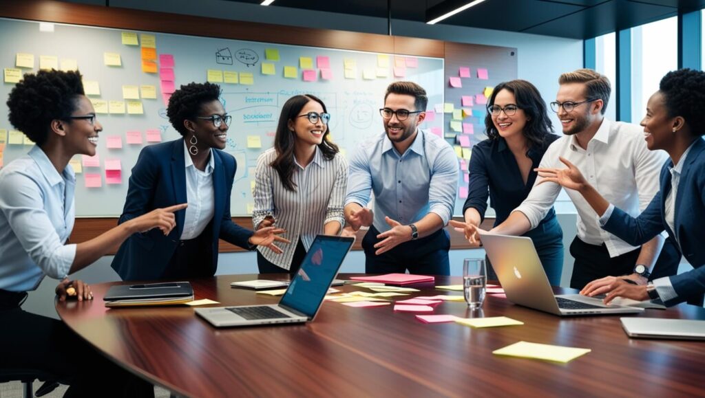 Grupo de pessoas discutindo ideias em um ambiente moderno, com quadro branco repleto de anotações ao fundo.