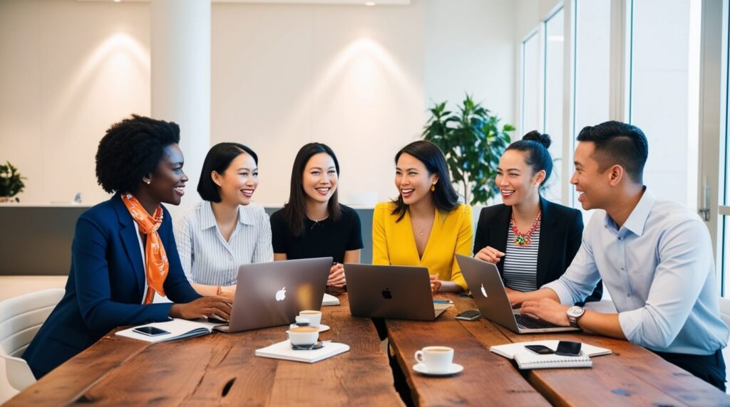 Imagem de uma equipe trabalhando junta, discutindo sobre a viabilidade e potencial do produto de uma startup.