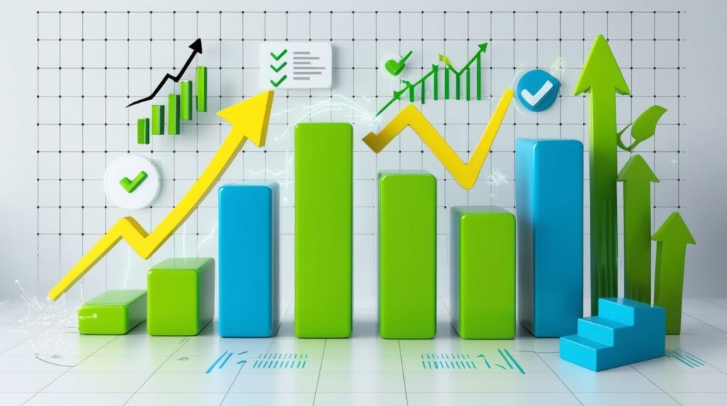 Imagem ilustrando o crescimento de uma startup com gráficos positivos e indicadores de sucesso no mercado.