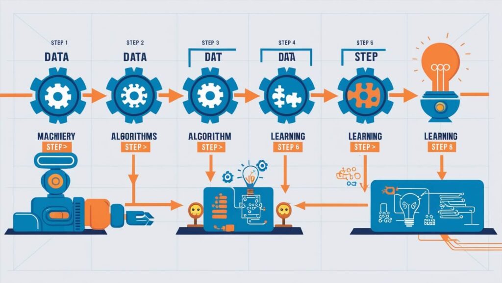 Infográfico mostrando como a IA processa dados através de coleta e aprendizado.