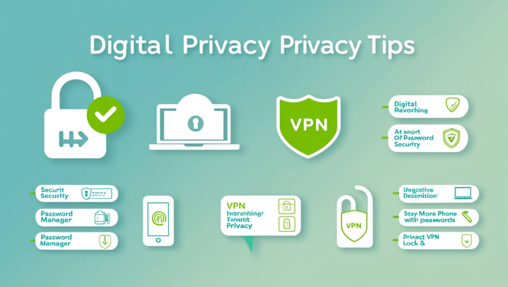 Lista de dicas práticas para proteger a privacidade digital, ilustrada com ícones de segurança e ferramentas digitais.