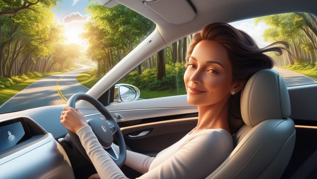 Mulher relaxando em um carro autônomo enquanto aprecia a paisagem de uma estrada arborizada.