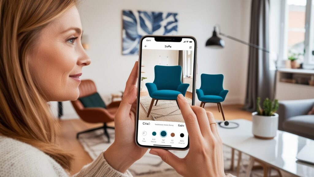 Mulher usando um smartphone para visualizar uma cadeira em realidade aumentada na sala de estar, interagindo com a tela para rotacionar e mudar a cor da cadeira.
