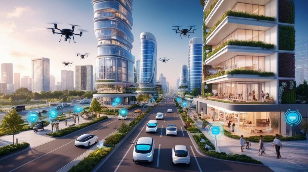 Paisagem futurista de uma cidade com veículos autônomos, edifícios inteligentes e drones entregando pacotes, mostrando uma integração harmoniosa da IA no cotidiano urbano.