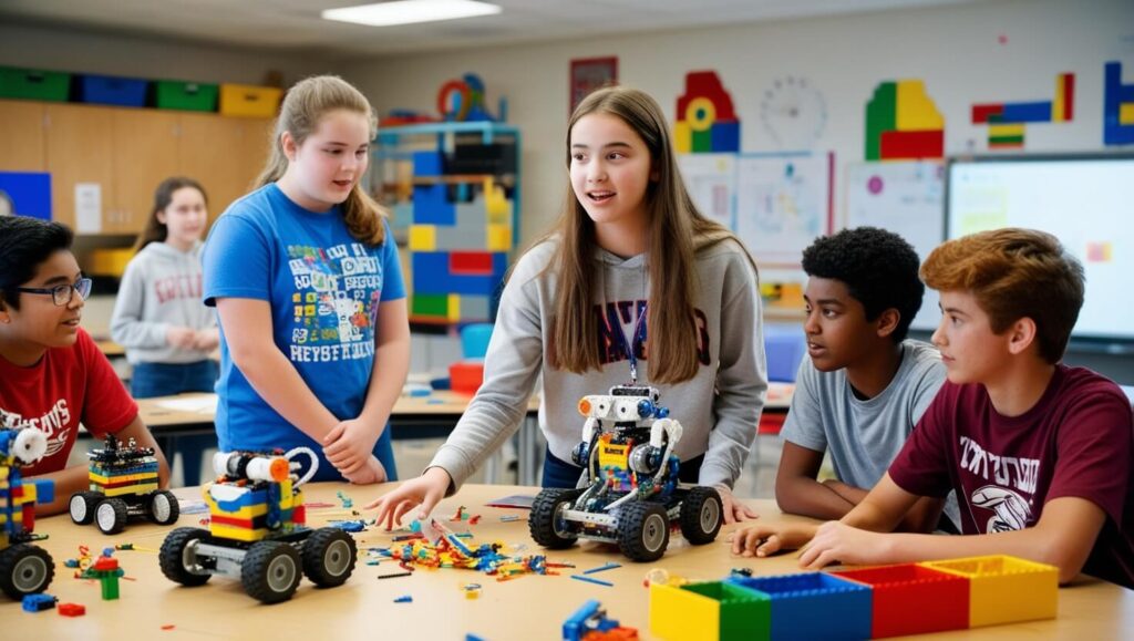 Adolescente liderando colegas em um projeto de robótica, promovendo trabalho em equipe, resolução de conflitos e liderança em um ambiente escolar.