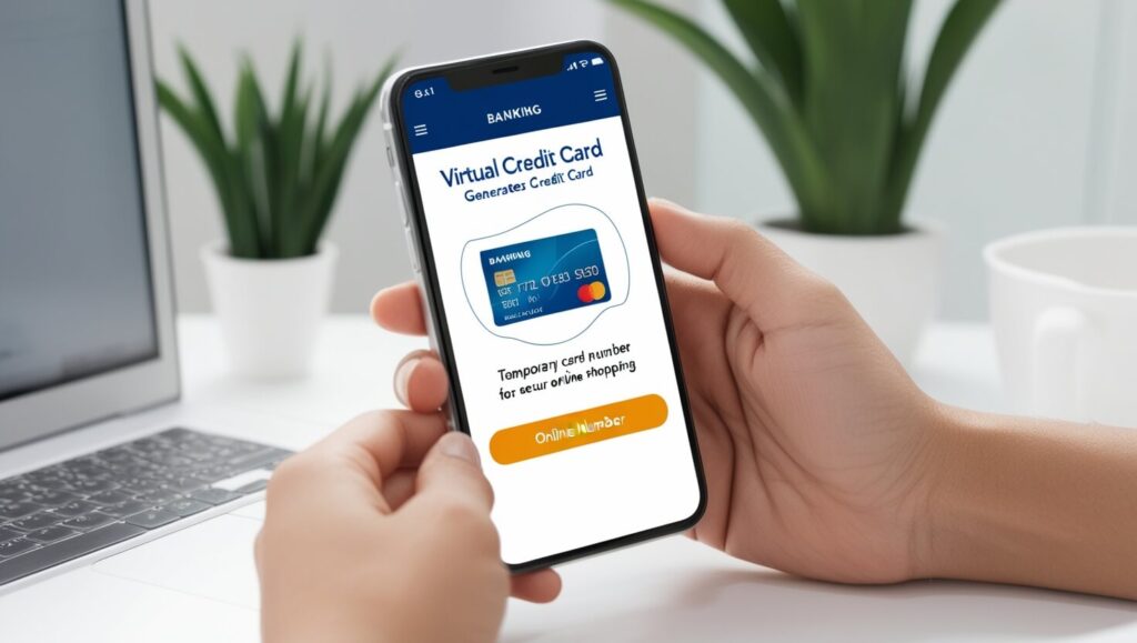 Celular mostrando a geração de um cartão de crédito virtual em um aplicativo bancário para compras online seguras.