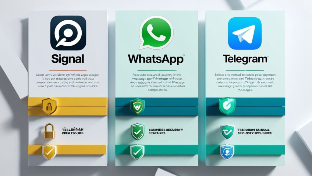 Gráfico comparativo entre Signal, WhatsApp e Telegram, destacando as características de segurança de cada um.