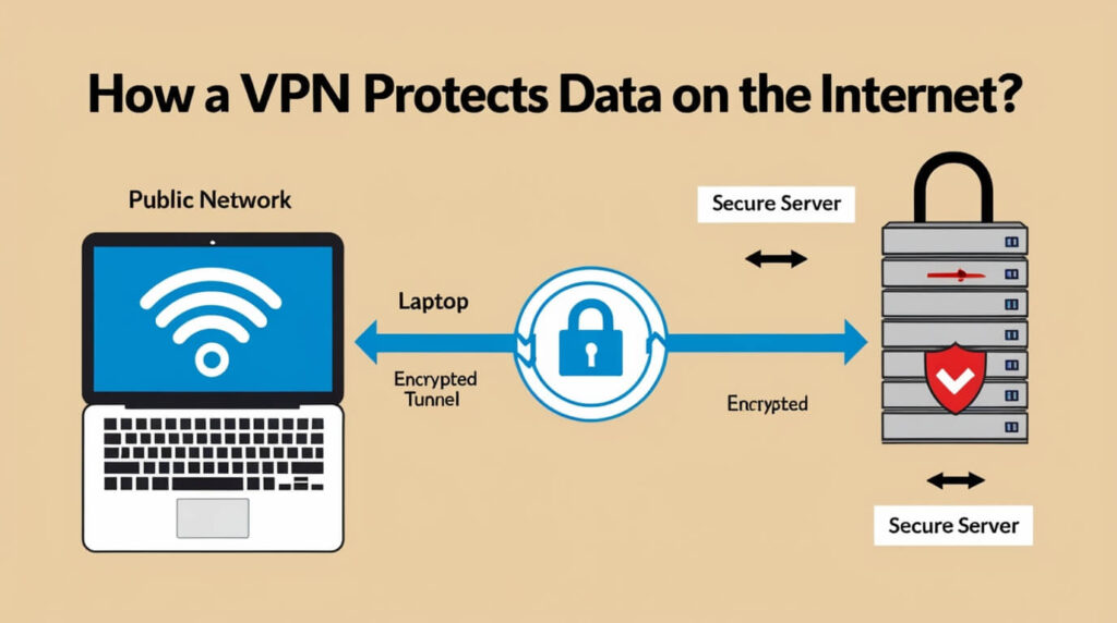 Gráfico explicativo de como uma VPN protege dados na internet, com laptop, túnel criptografado e ícones de segurança.