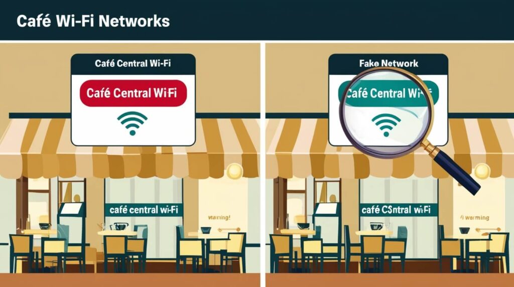 Ilustração mostrando redes Wi-Fi legítimas e suspeitas em um café, com símbolo de alerta na rede falsa para indicar risco de segurança.