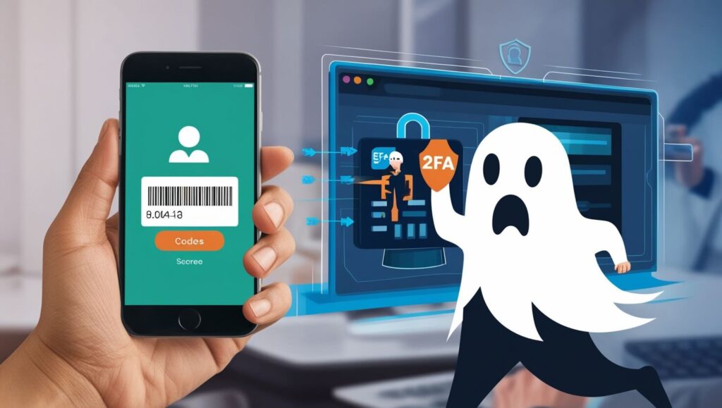 Pessoa segurando um smartphone mostrando um código de autenticação de dois fatores, com um hacker fantasmagórico tentando invadir um sistema, mas sendo impedido pelo processo de 2FA.