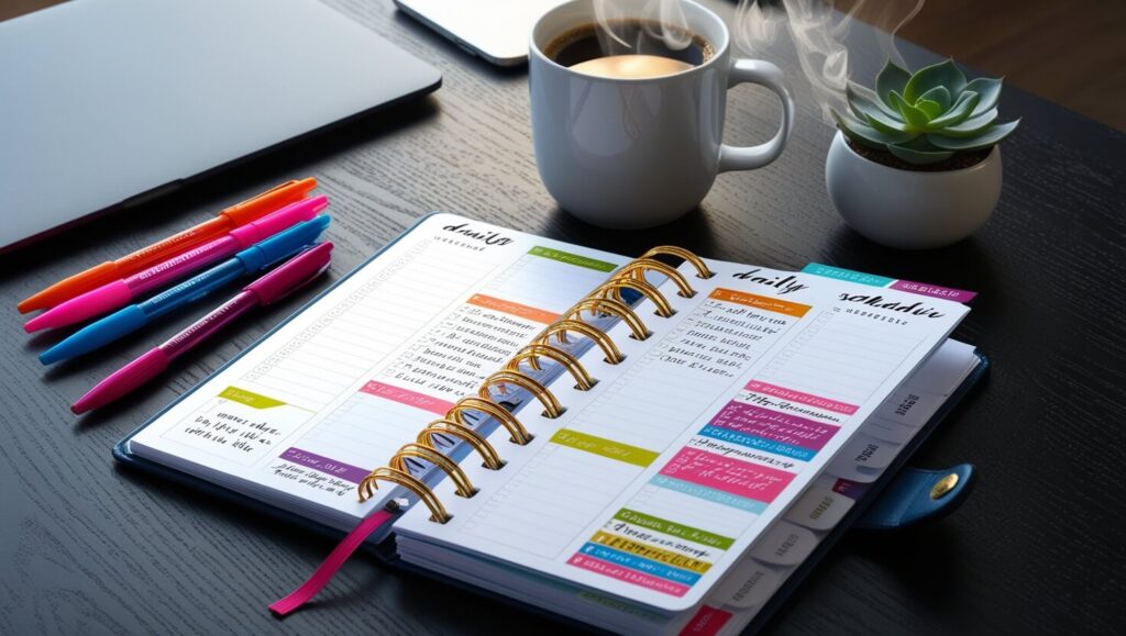 Planner organizado com um cronograma diário, canetas coloridas e uma xícara de café em uma mesa, simbolizando consistência e produtividade nos negócios.