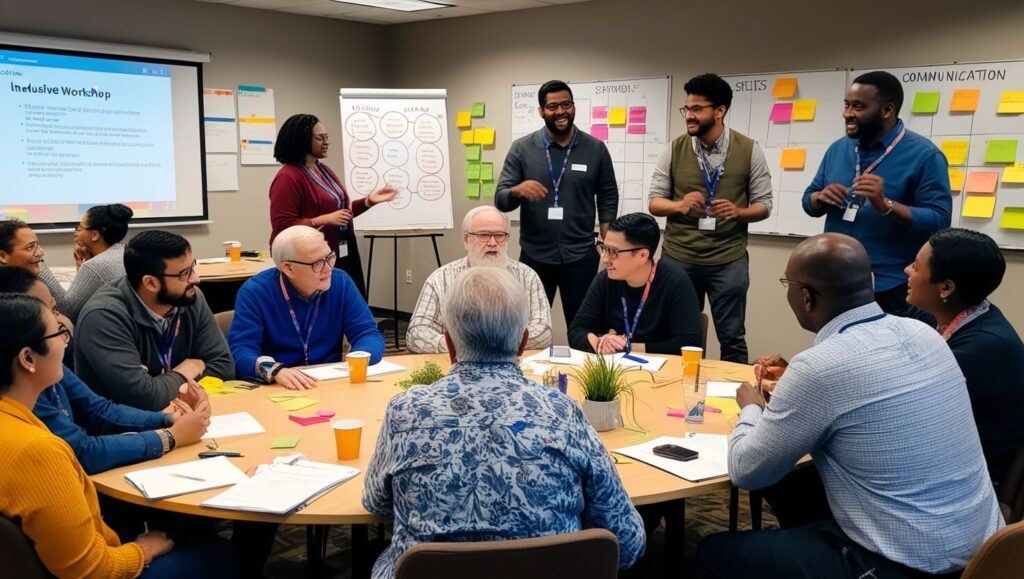 Workshop inclusivo com pessoas de diferentes idades praticando habilidades comportamentais, destacando colaboração, brainstorming e aprendizado prático.